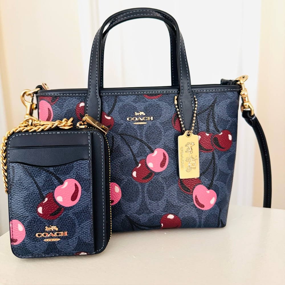 COACH City Mini Cherry Tote + COACH Zip Card Case in Cherry Print